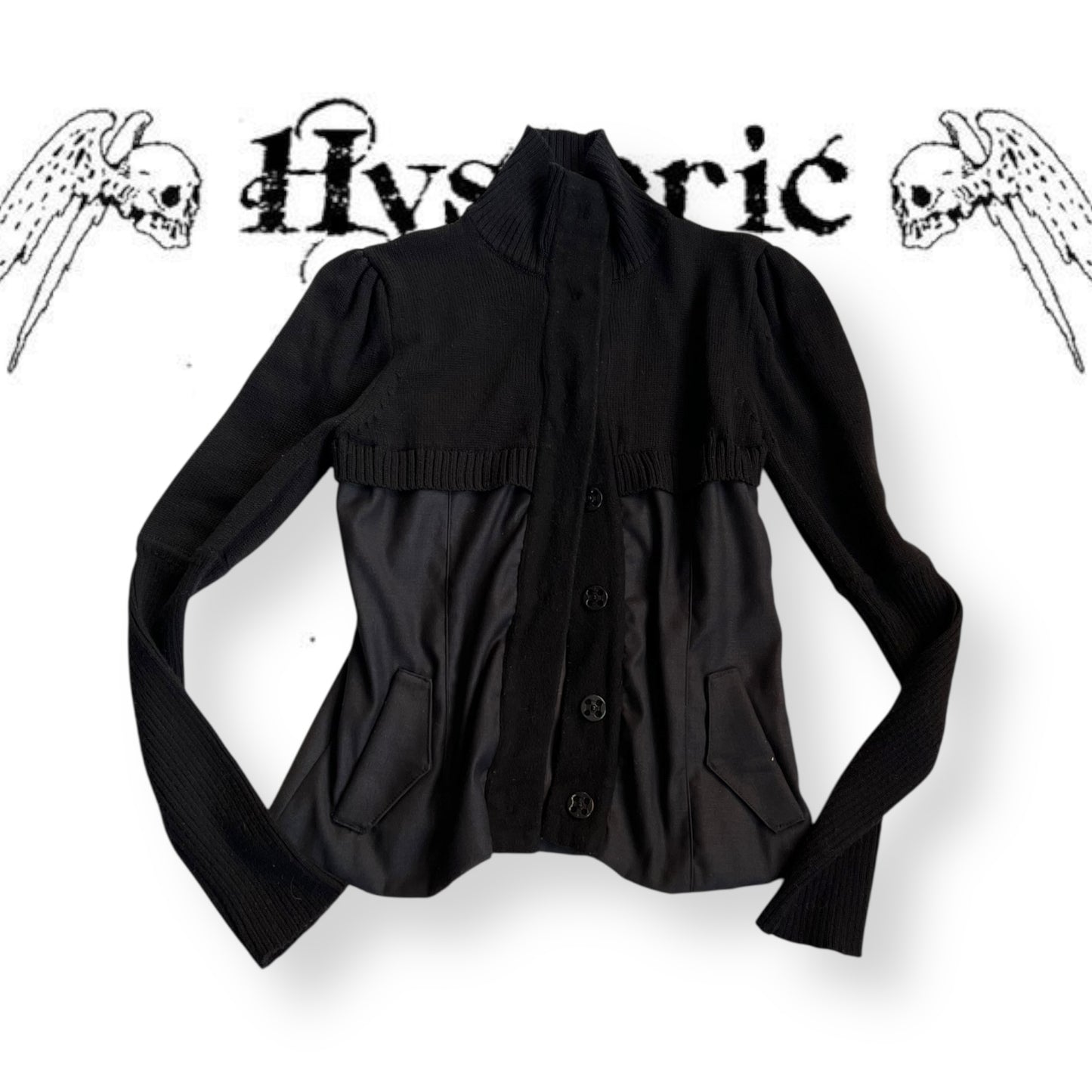 nell & me black merino wool blend mix material blocking long sleeve collared cardigan jacket