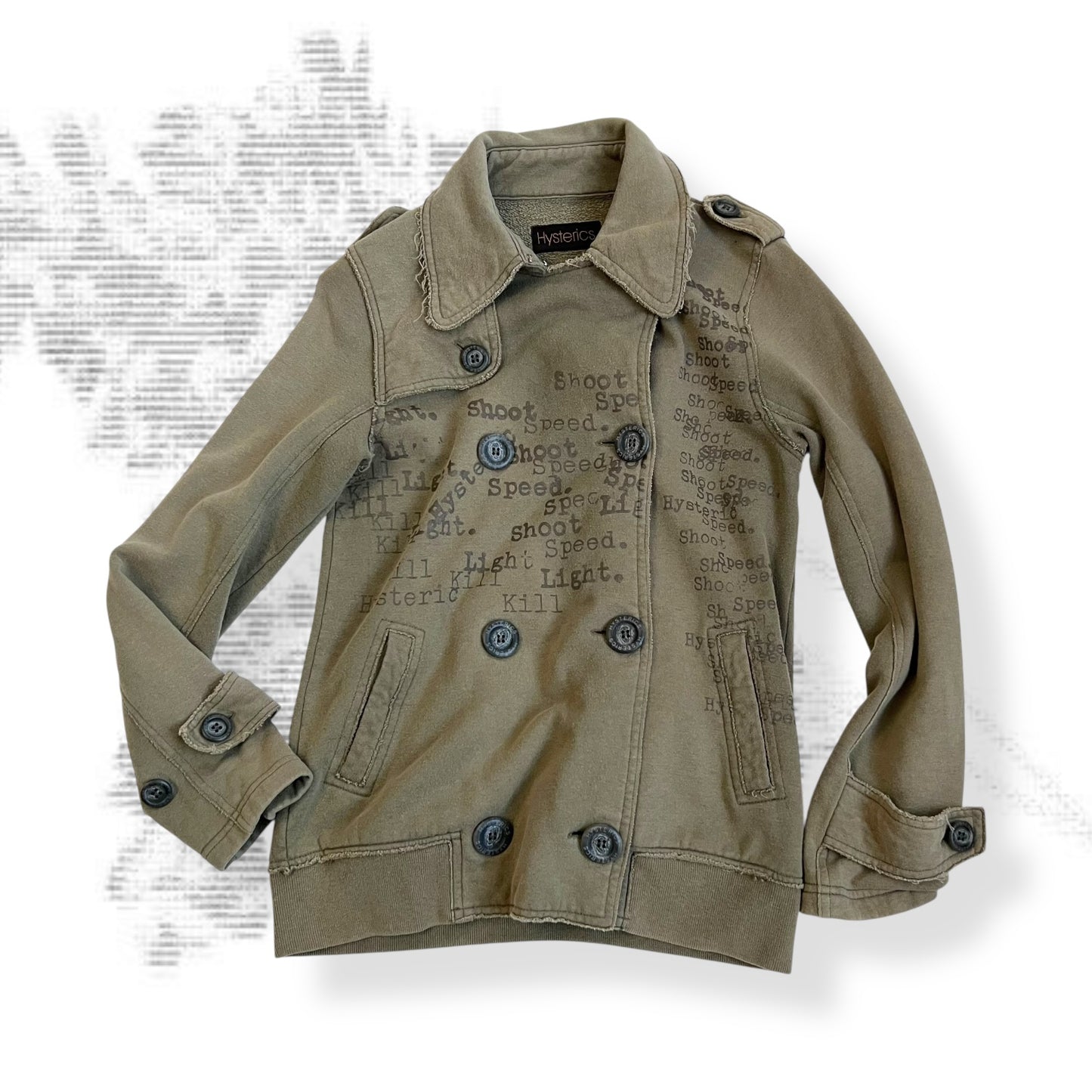 hysterics khaki corpcore asymmetric button faded text graphic collared jacket