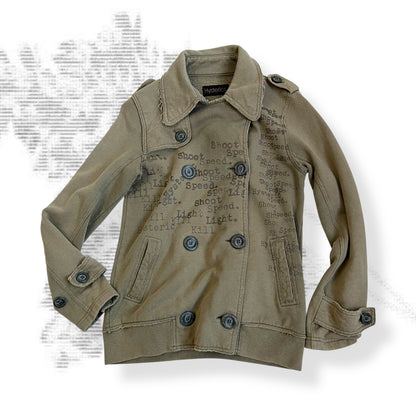 hysterics khaki corpcore asymmetric button faded text graphic collared jacket