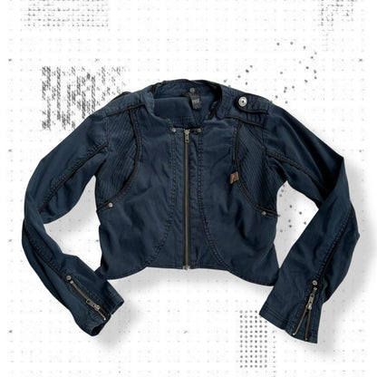 vintage navy blue nu utility biking zip piping accent crop jacket