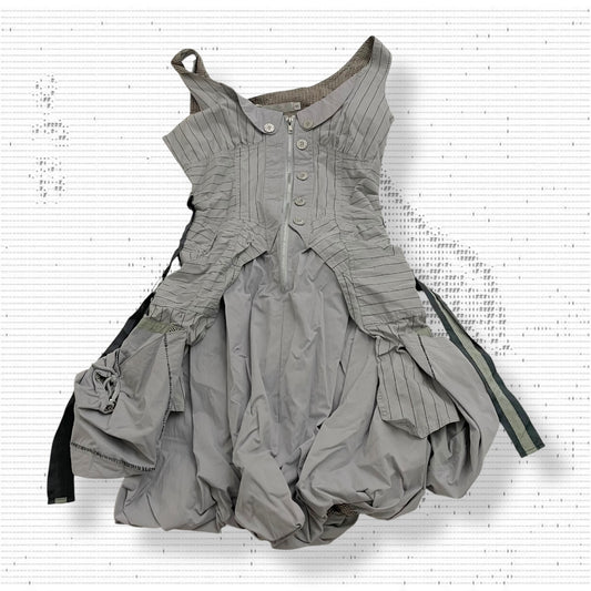 fq2 archival grey bubble hem utility pocket zip striped midi dress