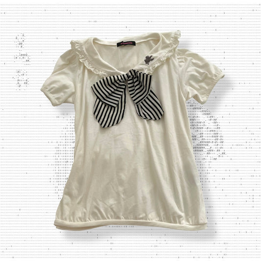 alonaquins preppy punk sailor off white puff sleeve balloon hem top with back detail and striped ribbon bow