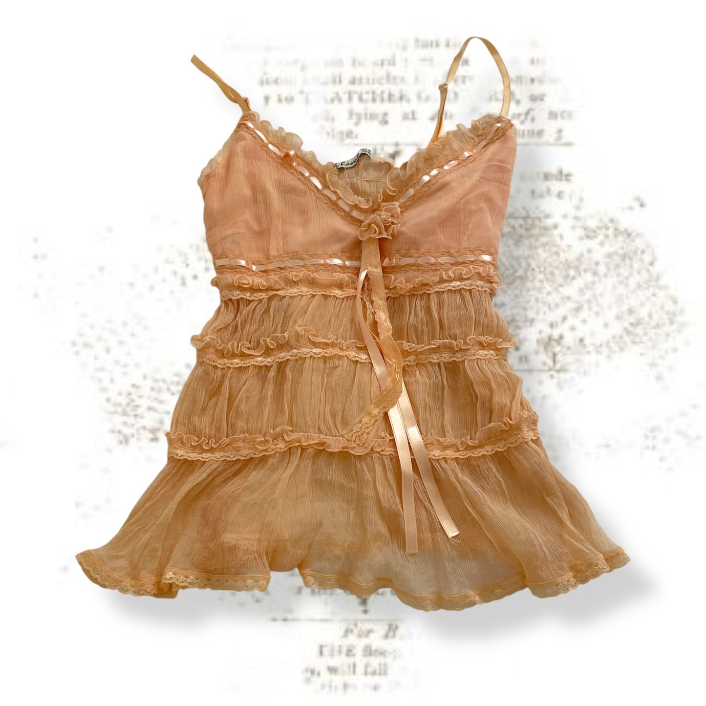 apricot orange fairycore favori ruched tulle babydoll lacey satin ribbon camisole