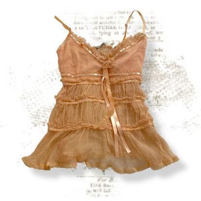 apricot orange fairycore favori ruched tulle babydoll lacey satin ribbon camisole