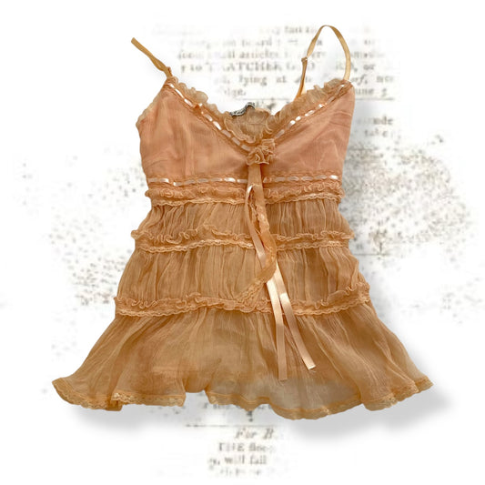 apricot orange fairycore favori ruched tulle babydoll lacey satin ribbon camisole