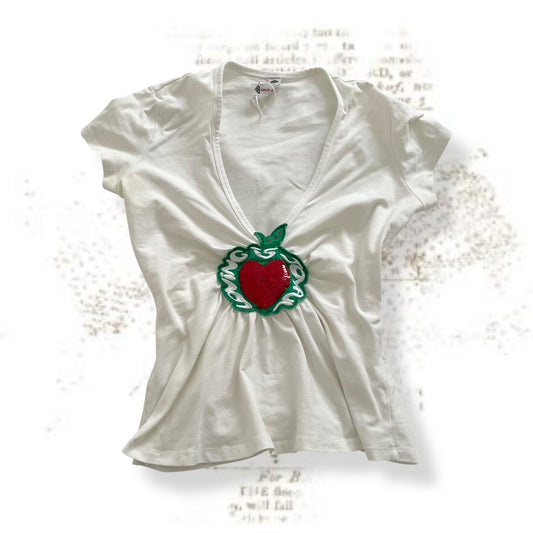 fornarina white ruched cap sleeve apple sequin top