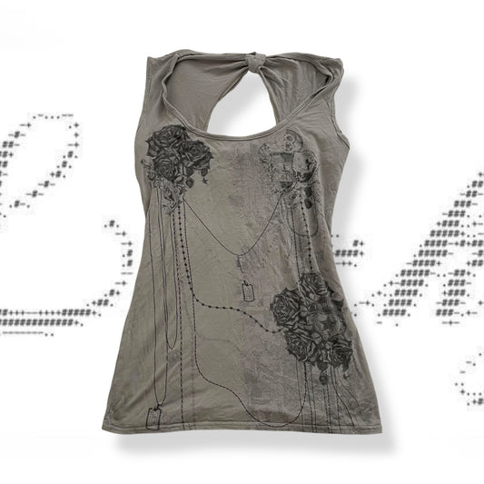 wme! grunge sleaze boho taupe grey rose chain graphic print vest top