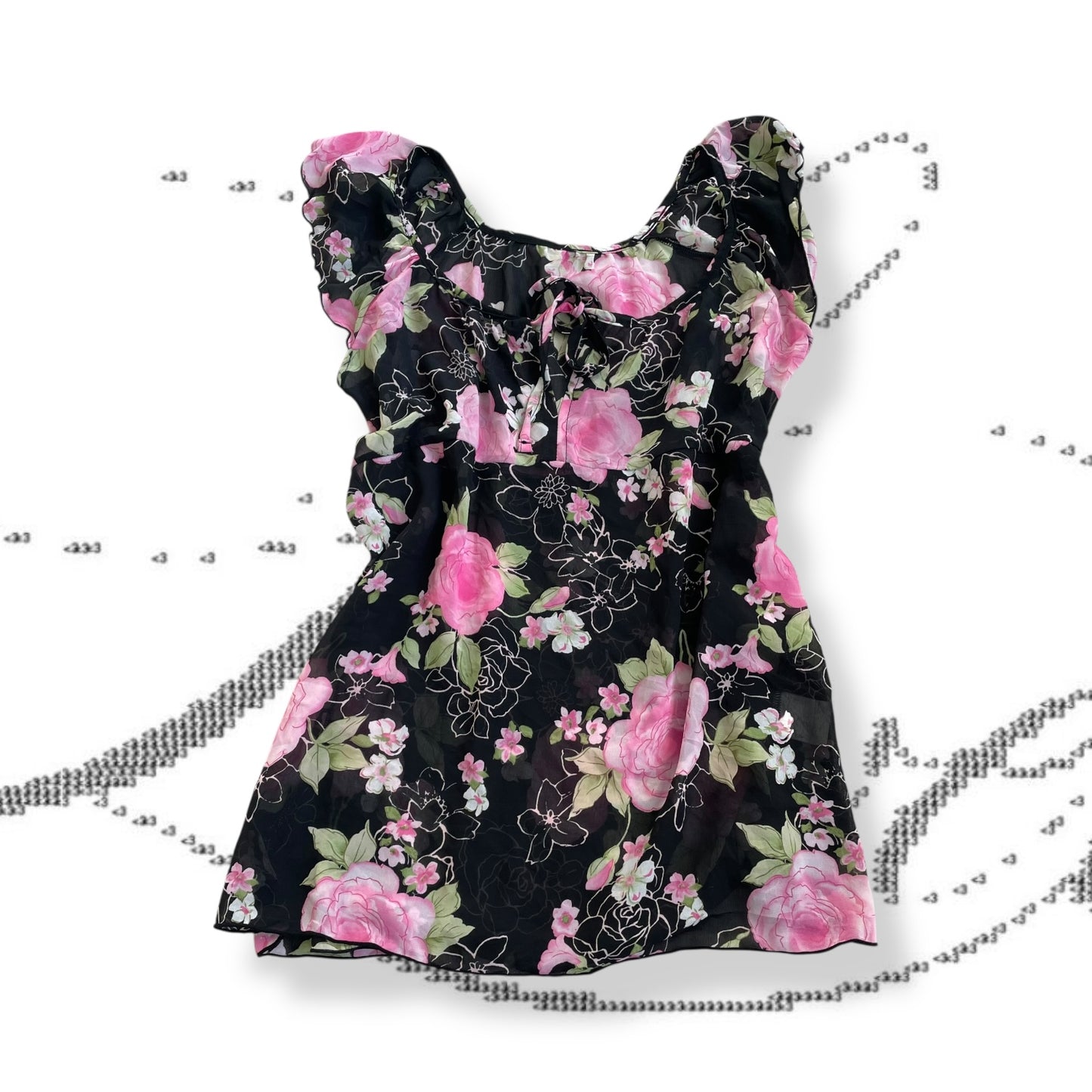 romantic black pink floral short sleeve tunic blouse