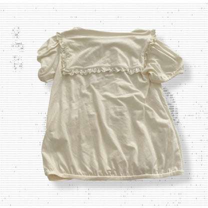 alonaquins preppy punk sailor off white puff sleeve balloon hem top with back detail and striped ribbon bow