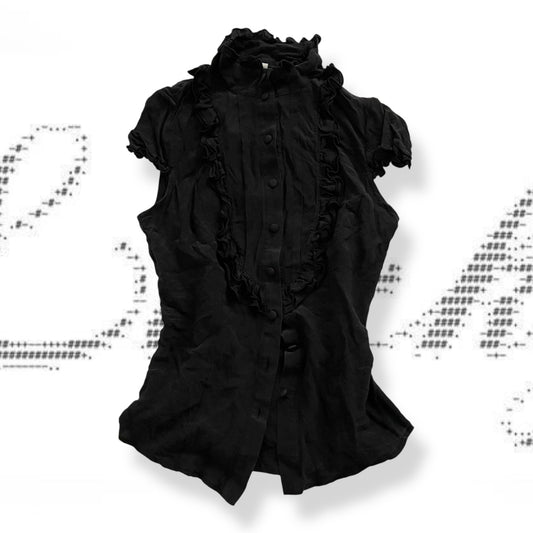 dark academia black gotha silk ruffle high collar puff sleeve blouse