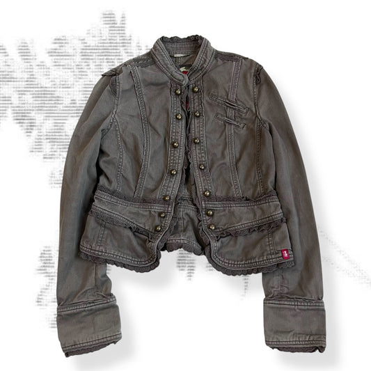 vintage espirit brown embroidery lace corpcore brass round button military style jacket