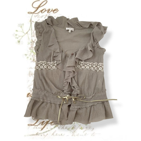 kookai greige ruffle vest blouse with embroidery lace and adjustable hem ribbon