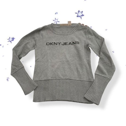 dkny light grey long sleeve ribbed hem long sleeve knit top