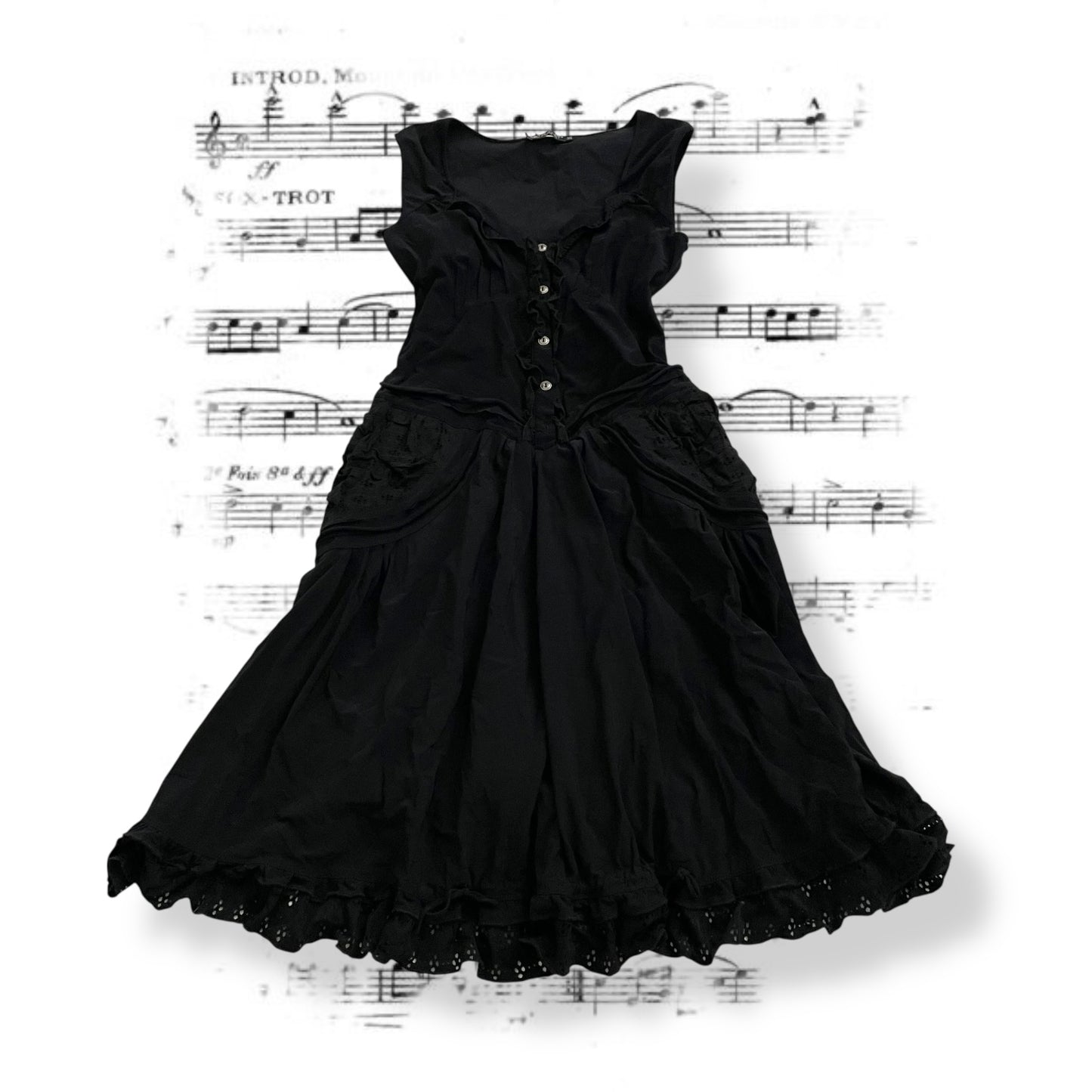 mcplanet black frilly button broderie anglaise midi dress with lacey hem
