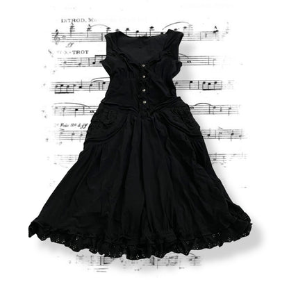 mcplanet black frilly button broderie anglaise midi dress with lacey hem