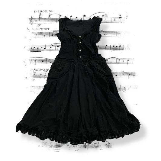 mcplanet black frilly button broderie anglaise midi dress with lacey hem