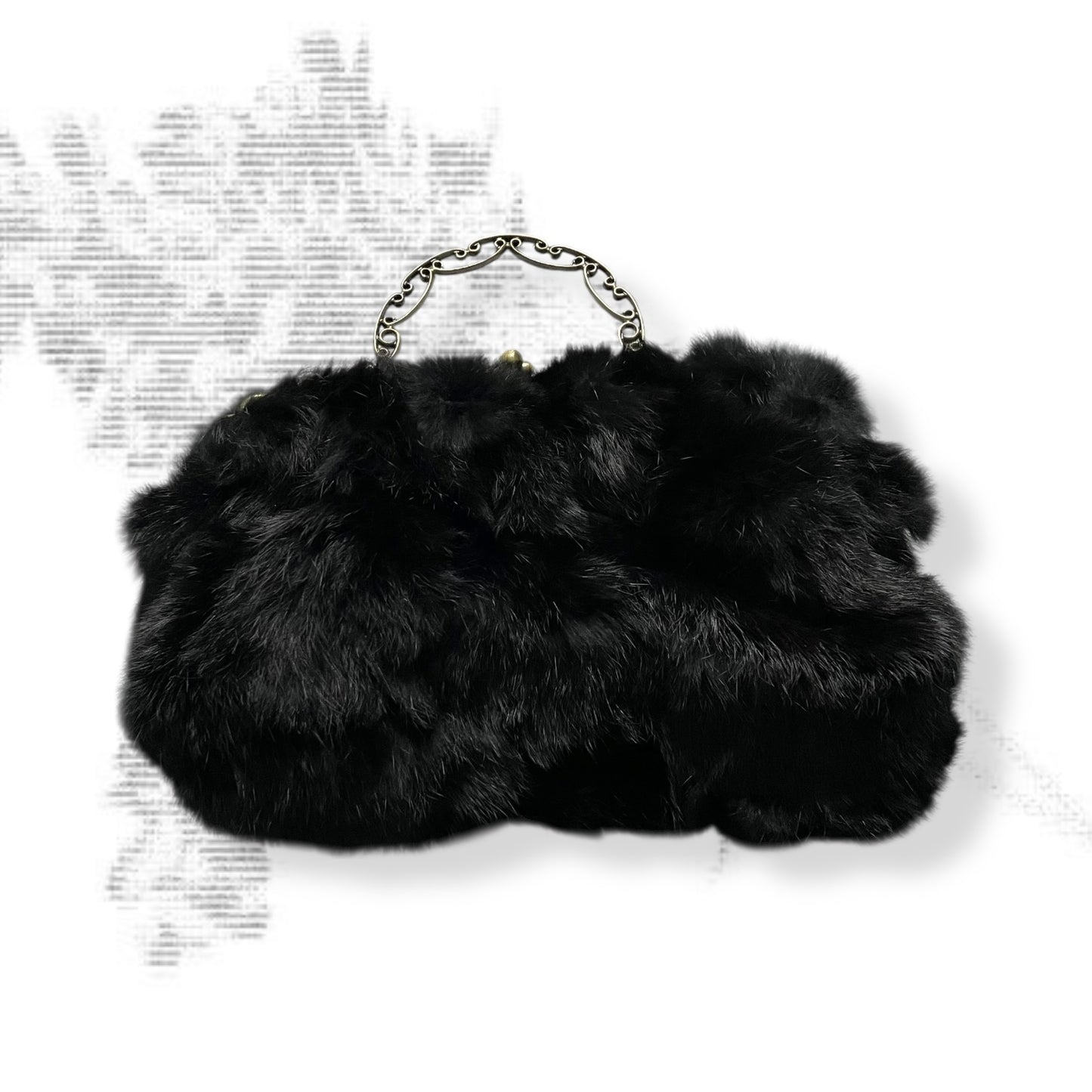 vintage black fluffy rabbit fur brassy ornamental handle clutch bag