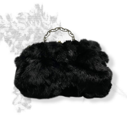 vintage black fluffy rabbit fur brassy ornamental handle clutch bag