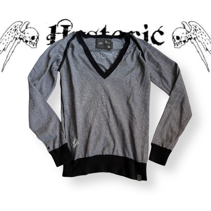 black grey striped g-star striped v neck long sleeve embroidery graphic sweater