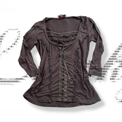 armand thierry purple taupe boho 3/4 sleeve bustier corset lace up style milkmaid top