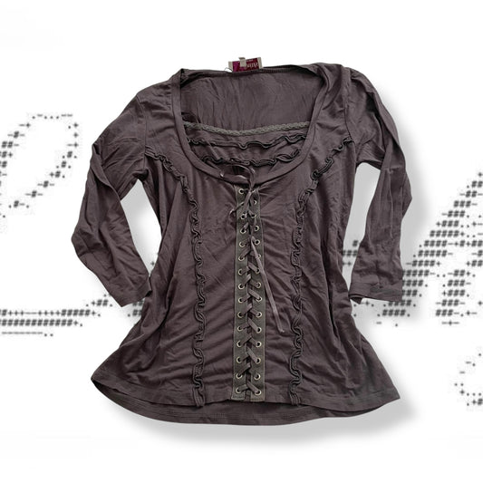 armand thierry purple taupe boho 3/4 sleeve bustier corset lace up style milkmaid top
