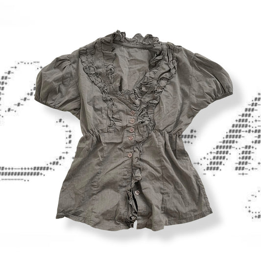 vintage corpcore grey puff sleeve asymmetric ruffle blouse