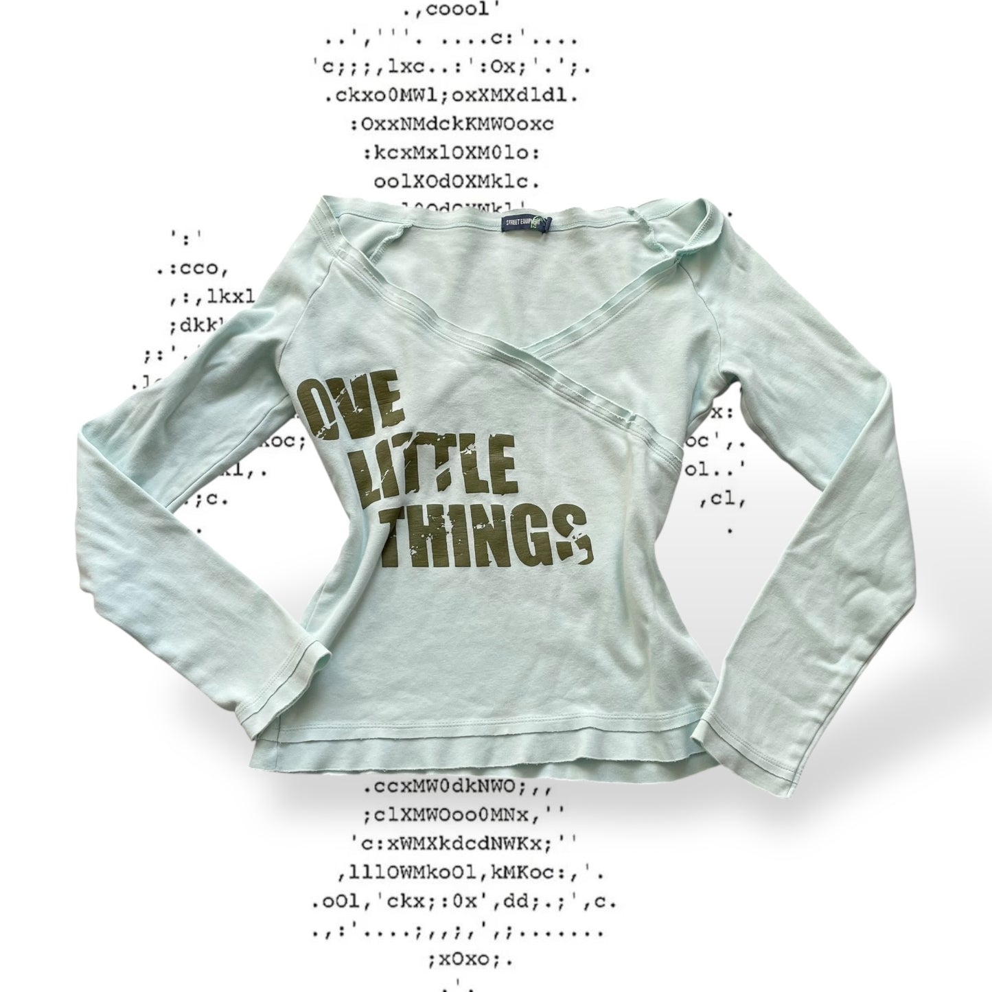 baby blue sporty street equipment khaki graphic text wrap style long sleeve shirt