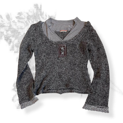 bouche a bouche brown grey long sleeve wool blend layered knit top