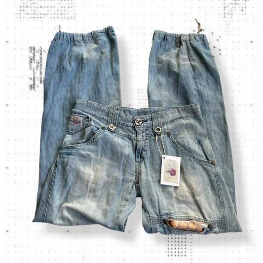 replay light wash denim baggy straight leg faux rip adjustable cinched hem jeans