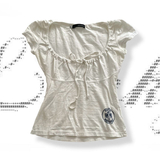 dsquared2 white flared cap sleeve milkmaid style key hole tie blouse