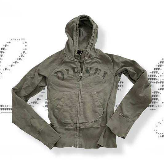khaki grunge sleaze diesel long sleeve zip faded text hoodie jacket