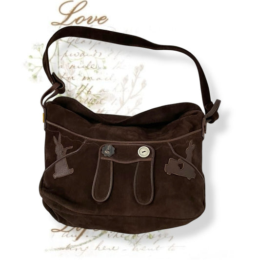 vintage marni brown suede rabbit design shoulder bag with cute mixed button detail