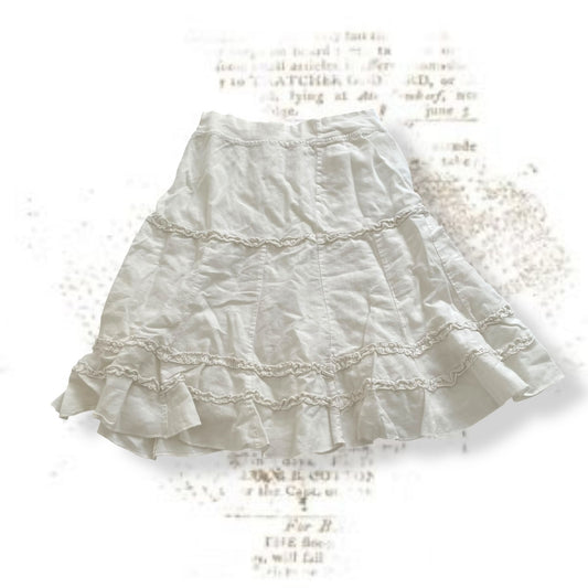 vintage linen blend white cottage prairie ruffle detail midi skirt