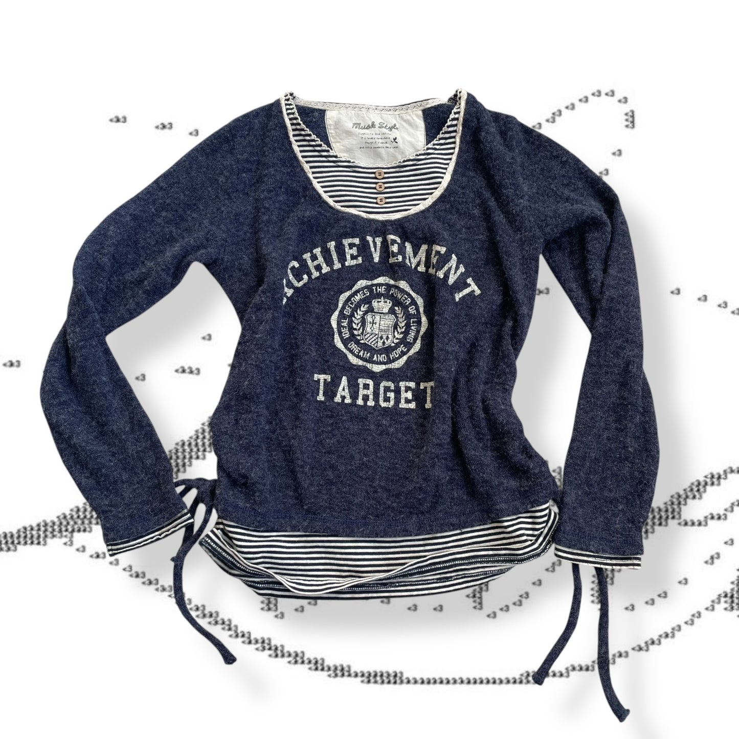 navy x white striped faux layered varsity print top