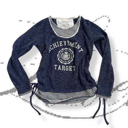 navy x white striped faux layered varsity print top
