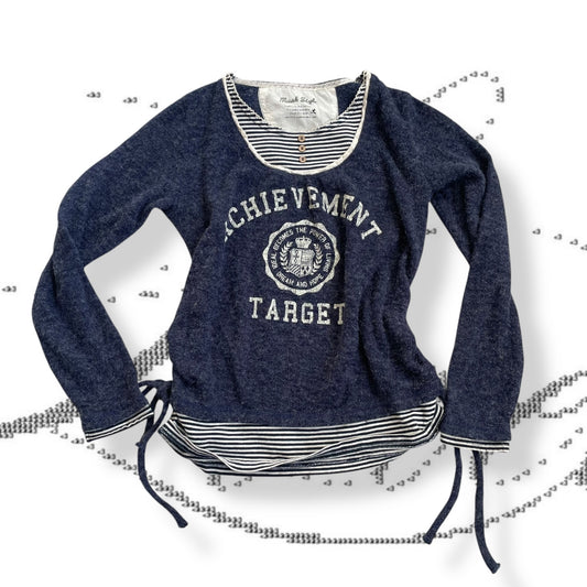 navy x white striped faux layered varsity print top