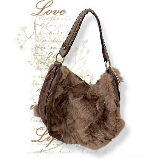grace continental fluffy fox fur brown leather bronze grommet strap slouchy shoulder bag