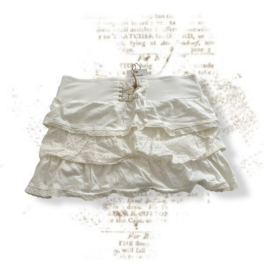 prairie boho walk & talk white broderie anglaise tiered ruffle corset lace up mini skirt