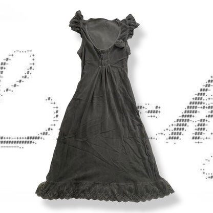 romantic grunge grey ruffle lace sleeve ruched chest rosette sheer midi dress