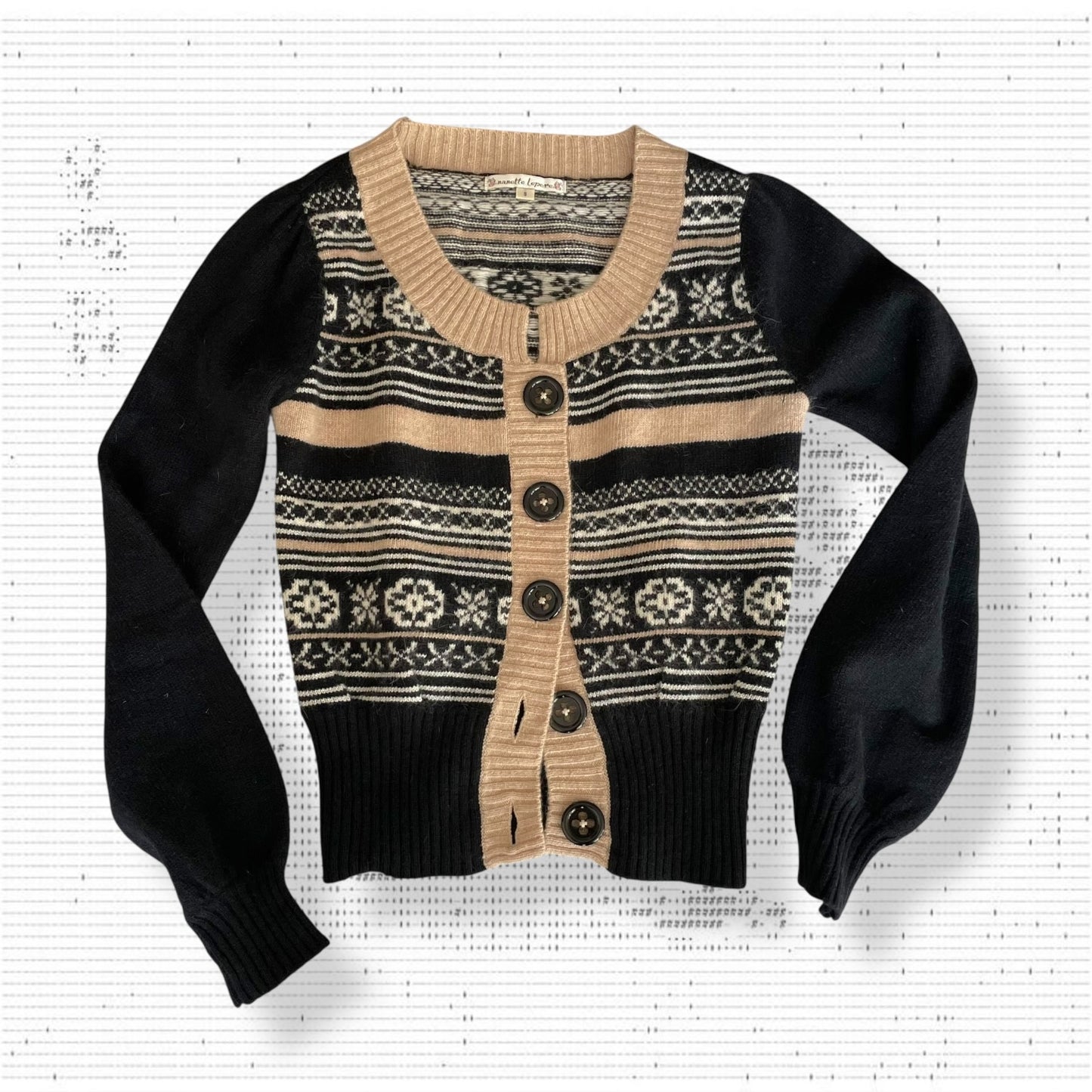 Nanette Lepore 安哥拉混纺黑色米色冬季雪花印花短款开衫