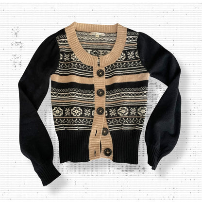 Nanette Lepore 安哥拉混纺黑色米色冬季雪花印花短款开衫