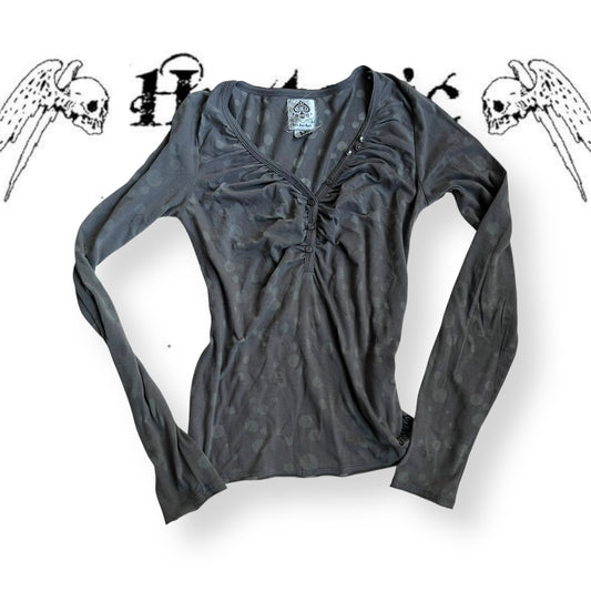 rwd grey khaki polka dot mesh sheer print long sleeve mix enamel fitted shirt