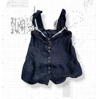 vintage high by claire campbell navy babydoll polka dot milkmaid lacey trim camisole top