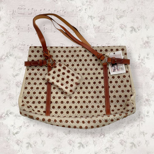 90s perche off white pony hair fur bag with brown polka dot and + detachable wallet detail