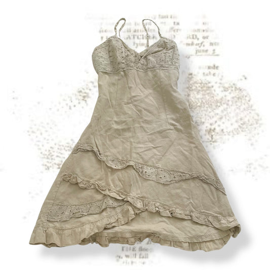 beige linen blend broderie anglaise prairie a line midi dress