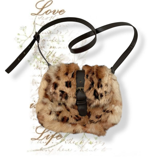 vintage gyaru gal leopard print rabbit fur x leather buckle crossbody bag