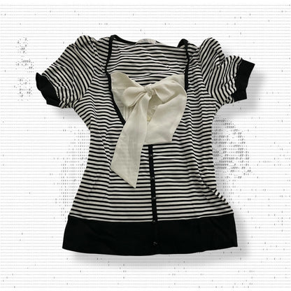 netto di mammina black striped puff sleeve ribbon bow bust fitted milkmaid style top