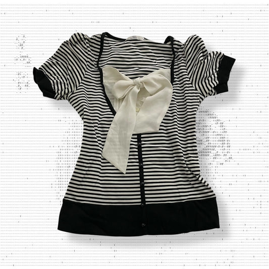 netto di mammina black striped puff sleeve ribbon bow bust fitted milkmaid style top