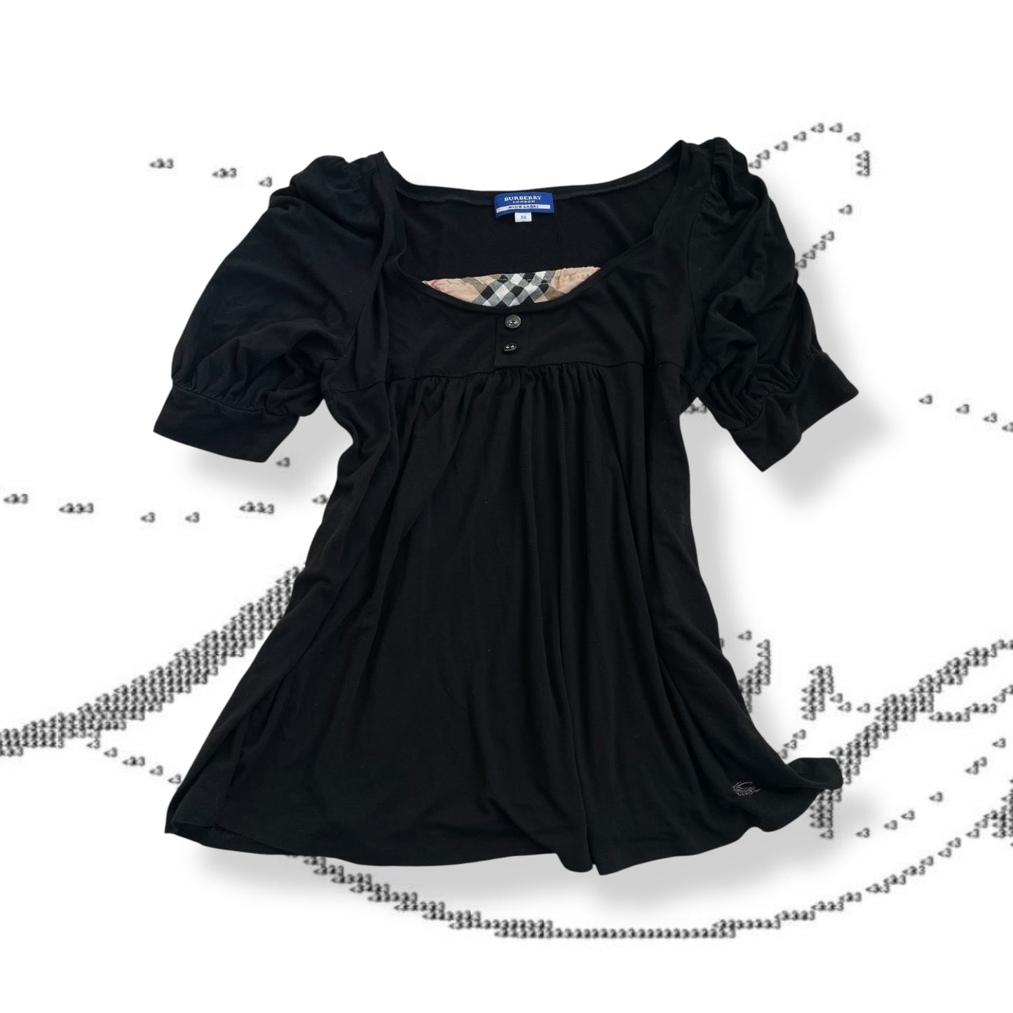 preppy burberry blue label black puff sleeve babydoll nova check milkmaid top