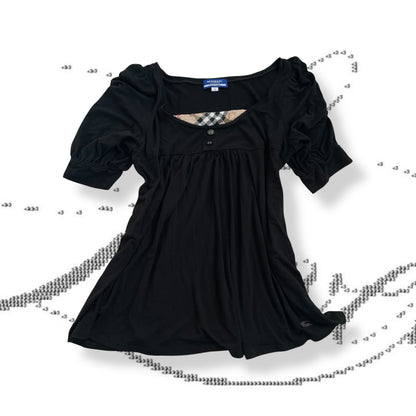 preppy burberry blue label black puff sleeve babydoll nova check milkmaid top